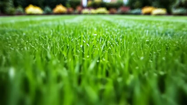 A close-up view of a freshly cut lawn, showing the vibrant green blades of grass