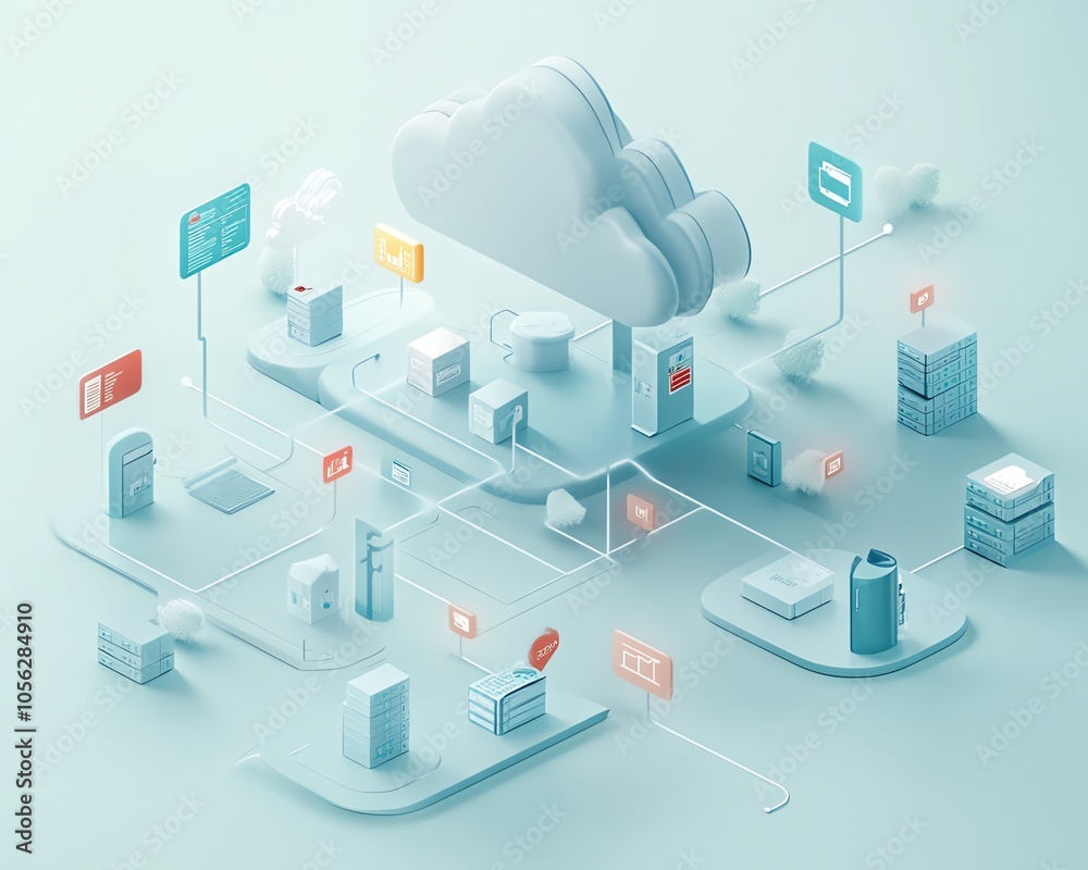 Aufkleber Eyecatching 3D visualization of a digital document management ecosystem within a virtual network, illustrating the seamless integration of files and cloud technology