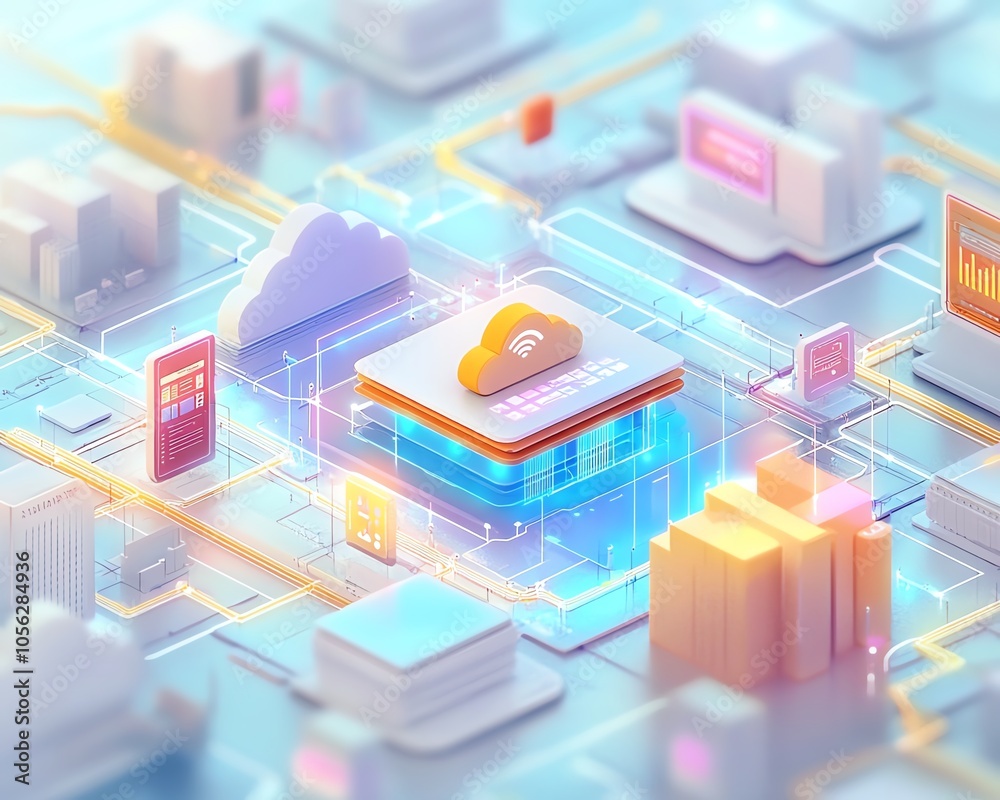 Aufkleber Eyecatching 3D visualization of a digital document management ecosystem within a virtual network, illustrating the seamless integration of files and cloud technology