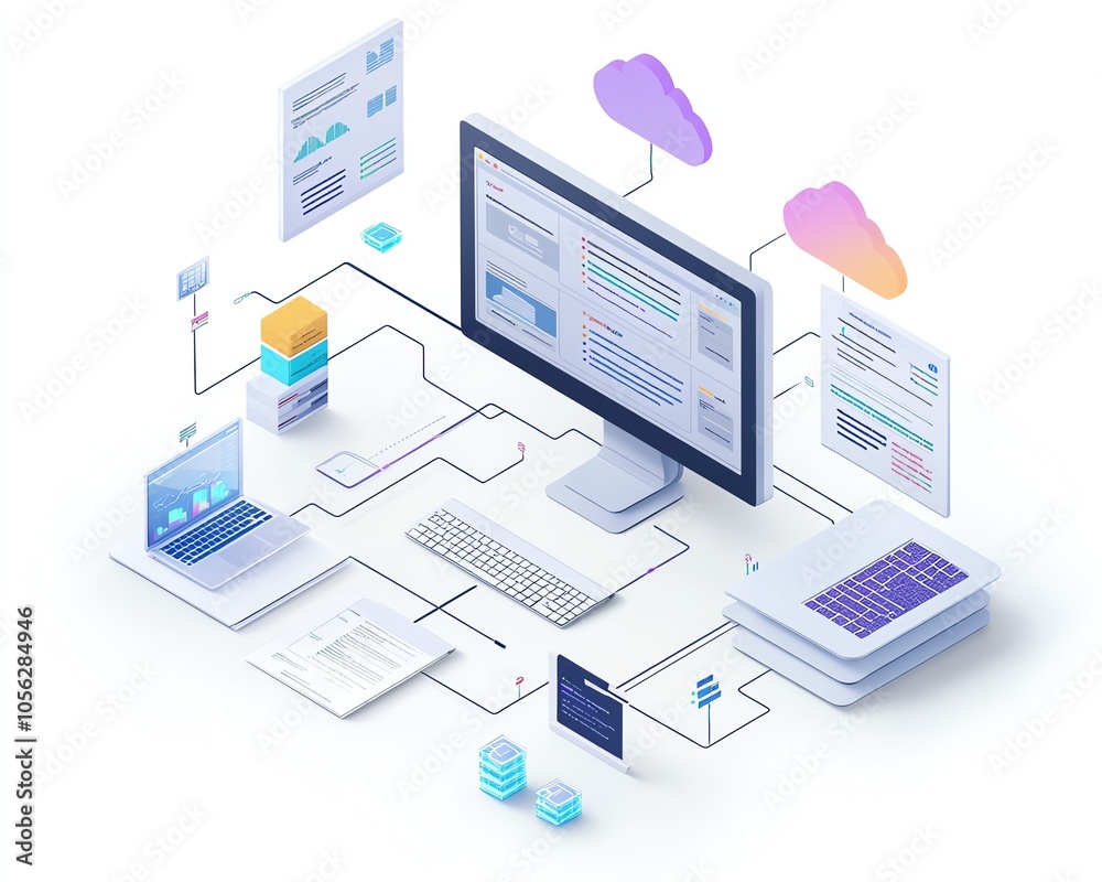 Leinwandbilder Eyecatching 3D visualization of a digital document management ecosystem within a virtual network, illustrating the seamless integration of files and cloud technology