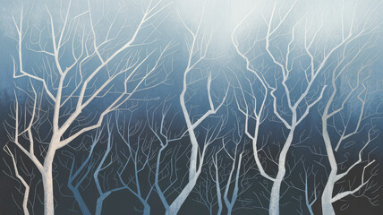 An ethereal winter forest scene featuring white, skeletal trees against a gradient of cool blues, evoking a serene and tranquil mood.