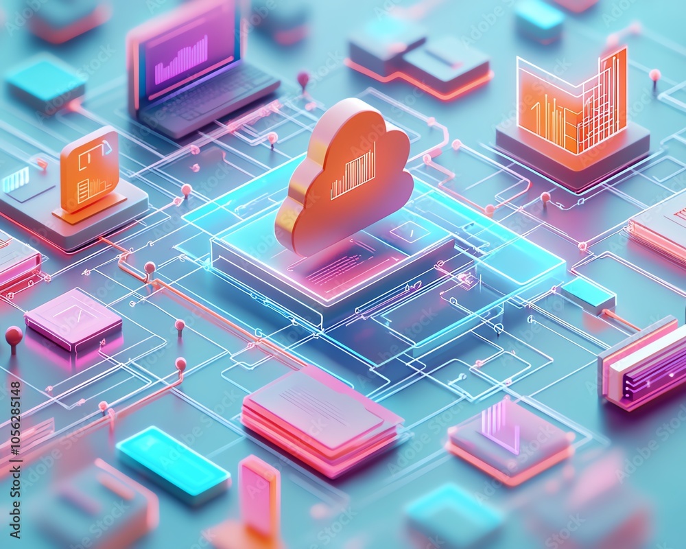 Poster Innovative 3D visualization of a virtual network dedicated to digital document management, featuring interconnected files, secure cloud storage, and realtime collaboration tools