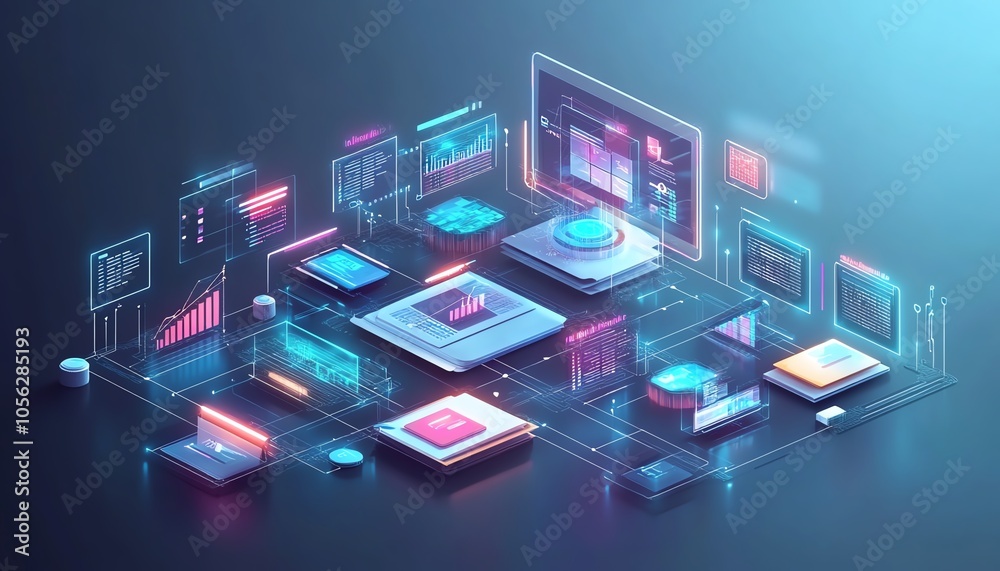 Leinwandbilder Professional 3D rendering of digital document management processes in a virtual network environment, illustrating data flow and document accessibility through advanced technology
