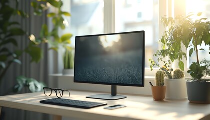 Innovative 3D visualization of a side view office setup showcasing a modern computer monitor on a light wooden table, accompanied by glasses and a smartphone next to a window