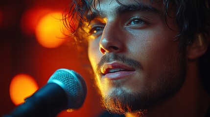 Young male singer performing on stage with microphone, intense expression, close-up portrait, concert, musician, passion for music, live performance, energy, talent