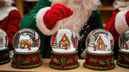 A joyful Santa Claus in festive attire shakes a snow globe while surrounded by colorful holiday decorations, evoking the spirit of Christmas in a whimsical atmosphere.