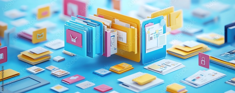 Poster Vivid 3D image of a digital document management system operating in a virtual network, emphasizing efficiency and security in data handling and organization