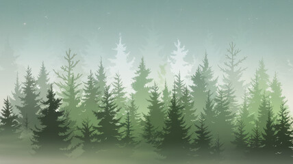A tranquil landscape featuring a misty evergreen forest, with varying shades of green and a soft atmospheric glow, creating a serene and enchanting mood.