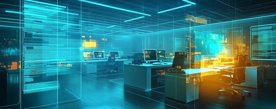 Vivid 3D image of a digital document management system operating in a virtual network, emphasizing efficiency and security in data handling and organization