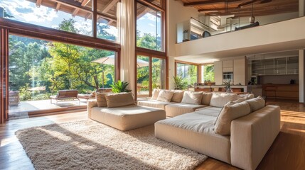 Obraz premium Neutral space with beige couches, wooden floors, and glass windows