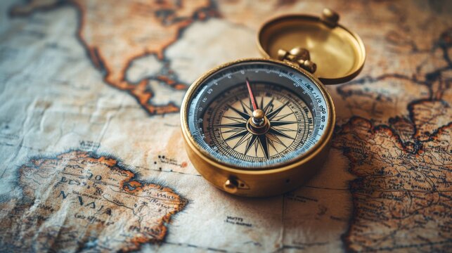 Antique compass on a vintage map, navigating old world, exploration tool with intricate details, travel history, adventure, discovery, geography, maritime navigation, past era