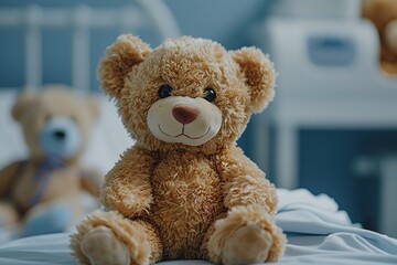 A fluffy teddy bear with a warm smile sits prominently on a bed in a child's room, surrounded by soft bedding and a second bear in the background, capturing a cozy, playful atmosphere