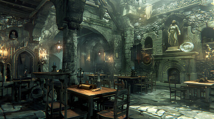 Medieval tavern interior, stone walls and wooden furniture, fireplace in the corner, warm lighting, fantasy setting, Generative AI