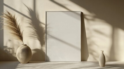 Elegant poster mockup in sunlit interior scene with dry pampas grass in ceramic vase concept