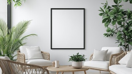 Cozy Modern Living Room Interior with Blank Picture Frame and Green Plants for Stylish Home Decor Inspiration