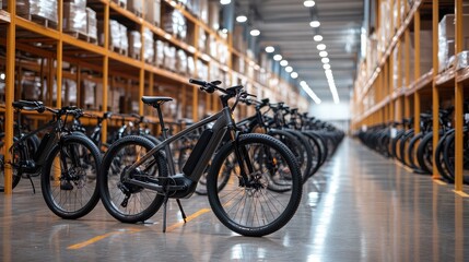 Modern Electric Bicycles in Warehouse with Rows of E-Bikes Ready for Distribution and Sale in Industrial Setting