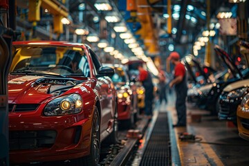 Obraz premium Workers are assembling cars on a busy factory assembly line, where red and black vehicles await installation of various components in a well-lit industrial environment