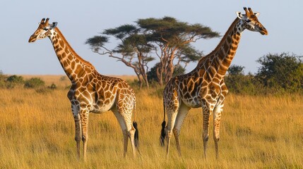 Fototapeta premium Majestic Giraffes Standing in African Savannah with Acacia Trees and Golden Grass Under Clear Blue Sky