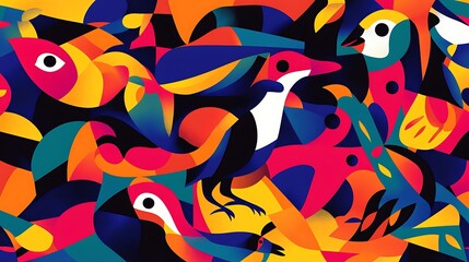 Obraz premium Abstract colorful illustration of birds and fish.