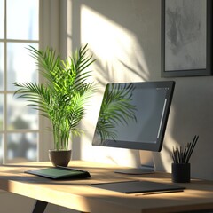 Fototapeta premium Clean Workspace with Digital Drawing Tablet and Plant