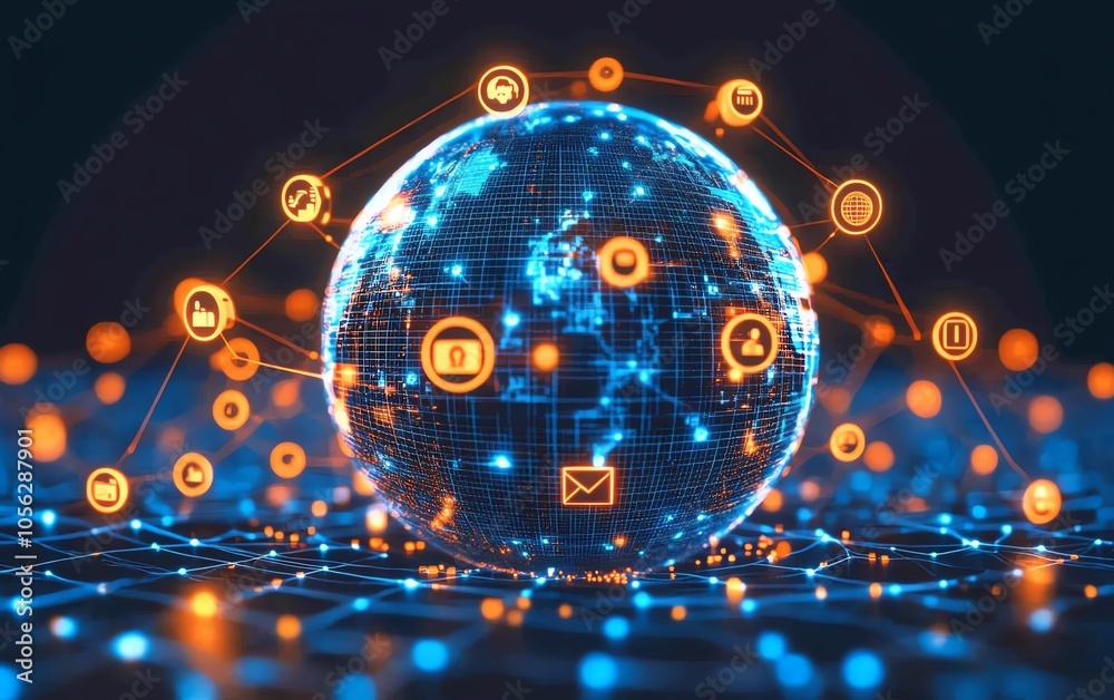 Poster captivating 3d rendering of a globe with interconnected digital user icons and lines