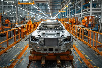 Workers in bright orange attire are engaged in assembling a car frame on the production line in an expansive automotive factory during daylight. The facility is well-lit and bustling with activity