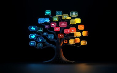 Creative 3D rendering of a lineage tree featuring user symbols and speech bubbles, highlighting the concept of personal data and social connections in an abstract dark setting