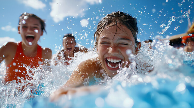 Friends Racing Down Water Slide on Ship  Fun and Joyful Scene