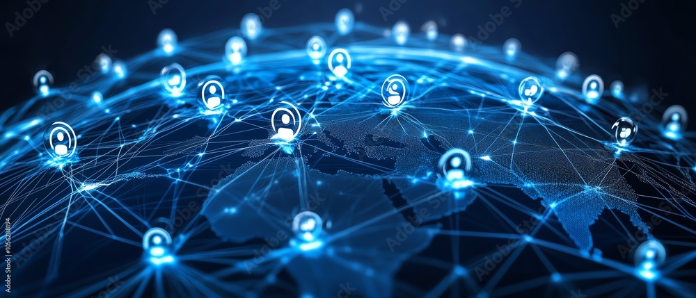 Poster dynamic 3d visualization of a globe showcasing interconnected digital user icons and lines, represen