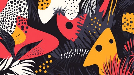 Abstract colorful pattern with stylized plants and leaves on black background.