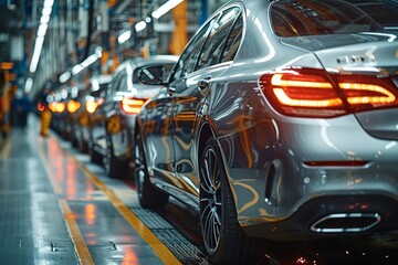 Vehicles are lined up in a factory's assembly area, illuminated by bright overhead lights, highlighting the efficient manufacturing process taking place in the evening hours