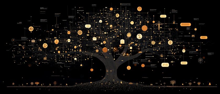 Dynamic 3D visualization of a graphic lineage tree with interconnected user icons and speech bubbles, emphasizing personal data and human connections on a rich dark backdrop