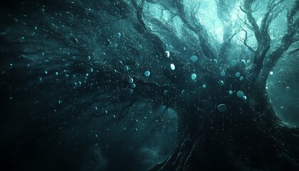 Engaging 3D visualization of a lineage tree with user and speech bubble symbols, emphasizing the themes of personal data and people connections in an abstract dark environment