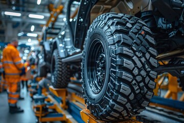 Fototapeta premium Workers in safety gear focus on assembling vehicles, featuring high-performance tires fitted on frames. The manufacturing environment is bustling with activity and machinery