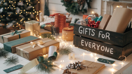 Beautifully arranged holiday gifts on a festive table, featuring a variety of wrapped presents and a charming basket labeled 'Gifts for Everyone.'