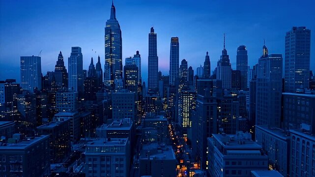 TL Day-to-night of East Coast city resembling Manhattan, New York city as the sun goes down and city lights come up.