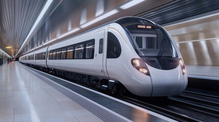 Naklejka premium Modern White Train Speeding Through a Tunnel