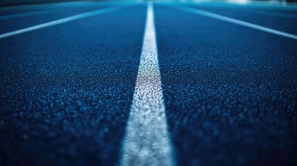 Dynamic perspective of blue running track with white lane lines, sport concept