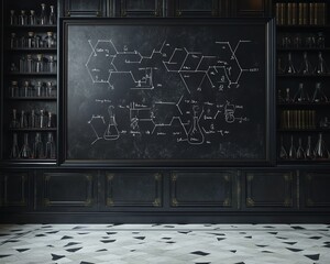 Stunning 3D rendering of a blackboard background featuring chalk handwritten chemical formulas and flasks, illustrating education in exact sciences and development concepts