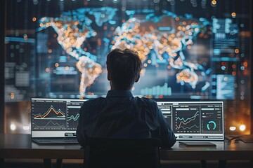 An analyst sits at a desk in a contemporary office, gazing at several screens displaying world maps and data visualizations, analyzing trends and performance metrics in real time
