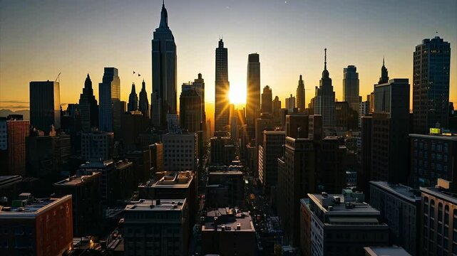 TL Sun rising over East Coast city in silhouette backlit resembling Manhattan, New York city.