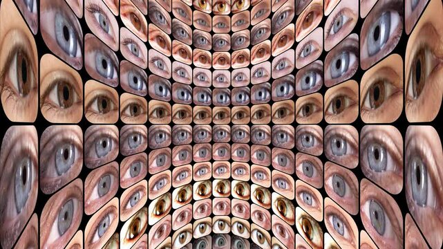 hanging eyes from different people made into television screen wall pattern