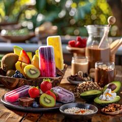 A table with fruit, popsicles, and other treats is set up in a garden setting