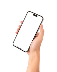 Close up of hand holding smartphone with blank screen isolated on white background.