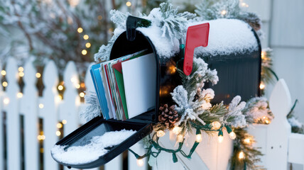 A festive black mailbox adorned with winter greenery and lights, partially filled with colorful holiday cards and blank envelopes, set against a snowy backdrop.