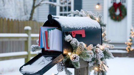 A festive black mailbox adorned with snow, pine garlands, and lights, overflowing with colorful holiday cards, set against a winter wonderland backdrop.