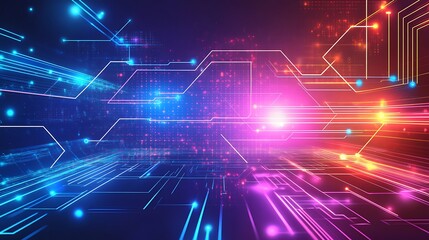 Obraz premium Abstract digital technology background with glowing circuit board pattern and blue and red lights.