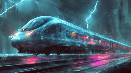 A high-speed train speeding through a stormy night, illuminated by lightning and neon lights.