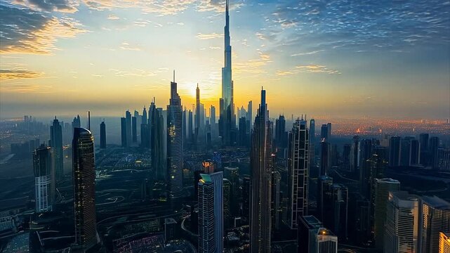 Timelapse Aerial Drone Day-to-Night shot pushing towards generic middle eastern city resembling Dubai, UAE.