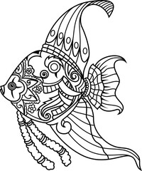 tattoo style black and white illustration of a fish art. Hand drawn fish tattoo.